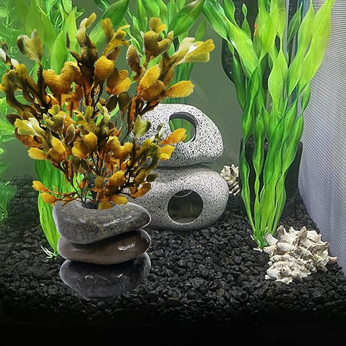 6 Pcs Natural River Stone Plant Weights for Fish Tank, Pebble Aquatic Plants Fixed Ring, Unique Anti-Floating Decorative River Rock Anchors for Aquarium Landscape Decoration (0.79'' Hole Diameter)