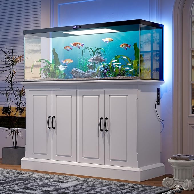 55-75 Gallon Fish Tank Stand, Modern Wooden Aquarium Stands with Power Outlet and 4 Cabinets, Heavy Duty Reptile/Turtle/Terrarium Tank Stand for Home, Office, Shopping Mall, 880LBS Capacity, White