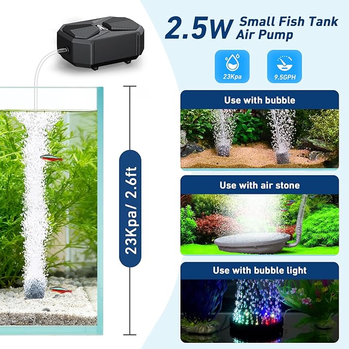 hygger Aquarium Air Pump, Ultra Quiet Oxygen Aerator with Air Stone Airline Tubing Check Valve, Aquarium Fish Tank Air Bubbler for 3 to 79 Gallon Tank and Bucket