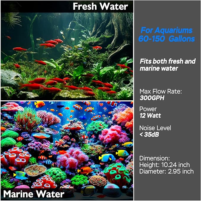 AquaMiracle 300GPH Internal Aquarium Filter, 3-Stage Fish Tank Filter with Dual Outlets & Aeration, Water Flow Adjustable Turtle Filter for 60-150 Gallon Tanks
