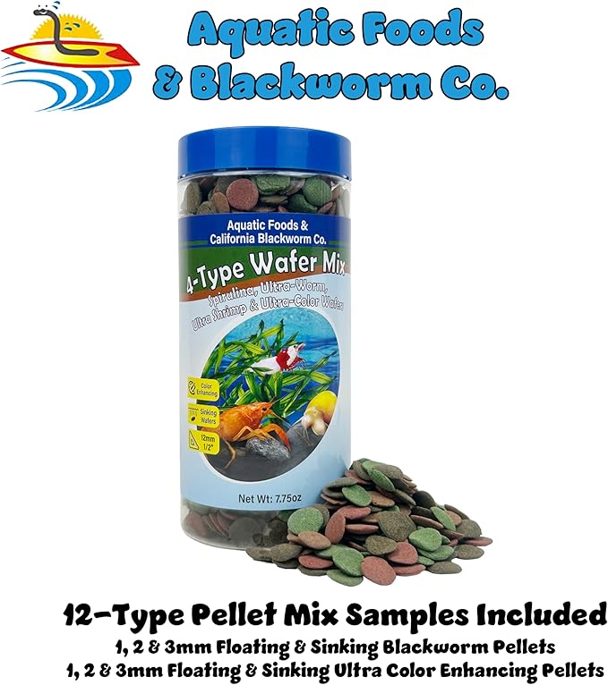 4-Type 12mm - 1/2" Sinking Wafer Mix of Spirulina-Algae, Ultra-Worm, Shrimp, Color Enhancing for Shrimp, Snails, Crayfish, Bottom Fish, 12-Type Pellets Included...11.5oz Canister