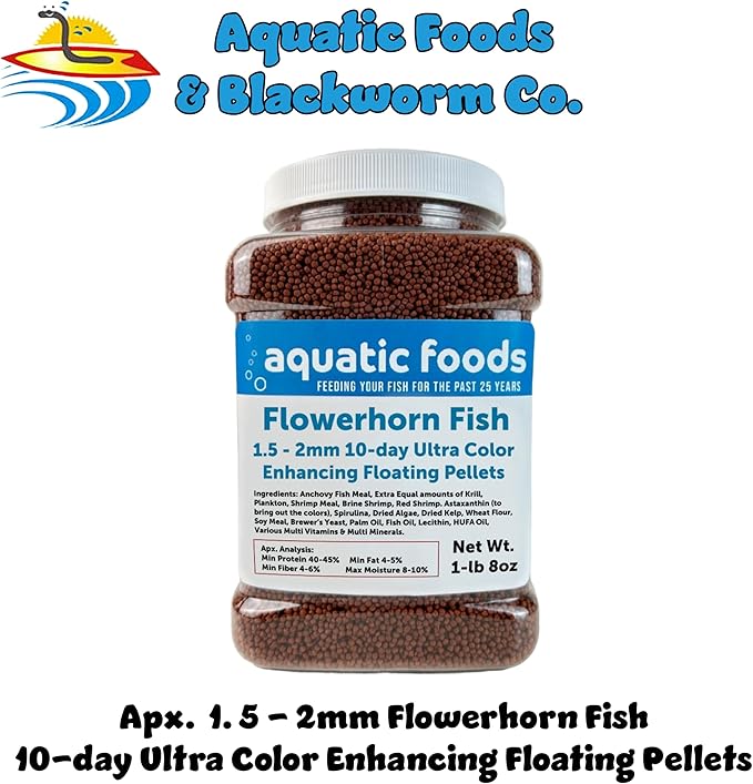 Flowerhorn Fish Ultra Red Color Enhancing 1.5mm-2mm Floating Pellets. Color Enhancing in 10-Days for Baby, Juvenile and Adult Flowerhorn…1-lb 8oz Medium Jar