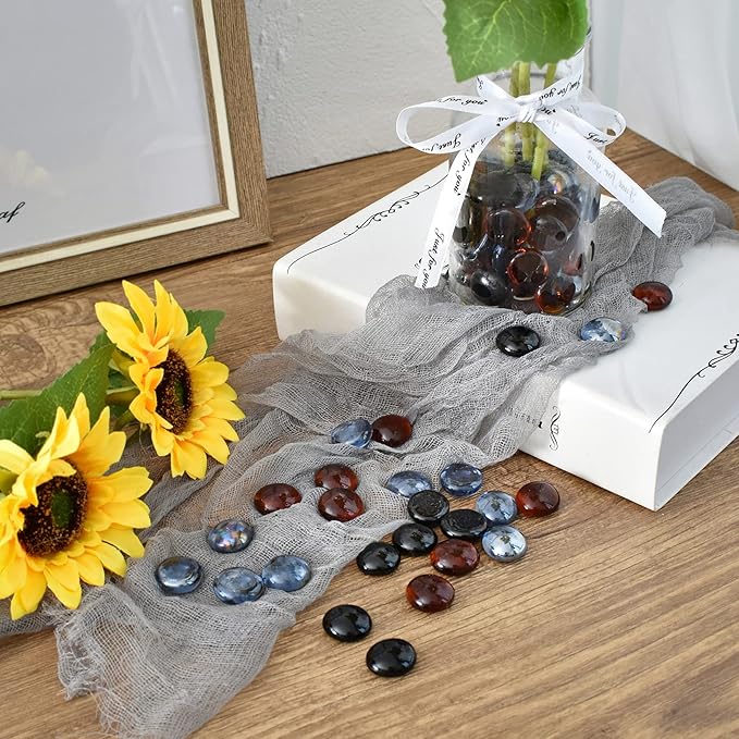 Flat Glass Marbles 1lb, 100PCS Mixed Color Black Amber Gray Glass Beads Rocks Flat Gems Stone for Vase Filler Aquarium Tank Pebbles Decoration