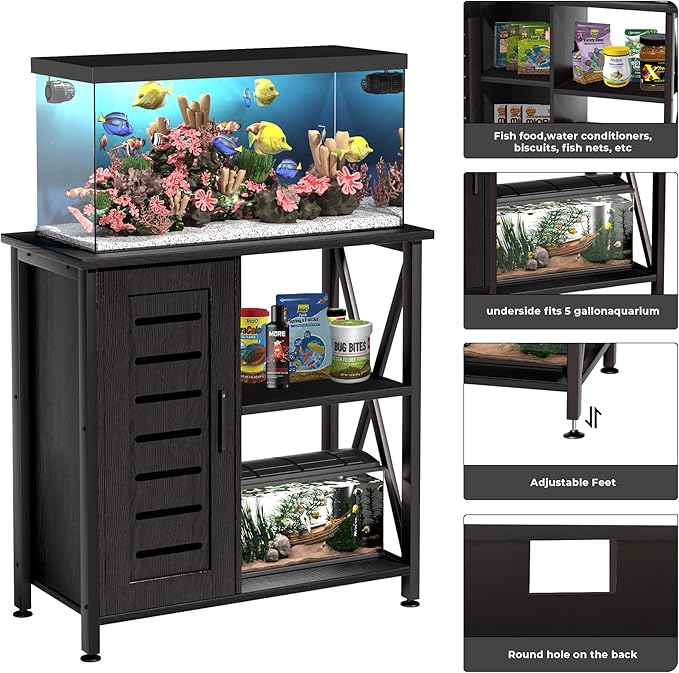 Herture 20-29 Gallon Fish Tank Stand, Aquarium Stand with Cabinet Accessories Storage, Heavy Duty Metal Frame, 31.49" L*15.74" W Tabletop, 330LBS Capacity, Black PG07YGB