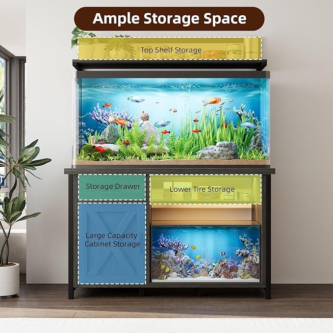 55-75 Gallon Fish Tank Stand with Power Outlet, Led Light, Aquarium Stand with Cabinet for Fish Tank Accessories Storage, Shelf, for Turtle Tank, Reptile Terrarium, 1100 LBS, Gray