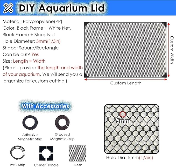 Aquarium Anti-Jump Cover， Terrarium Ventilation Opening Hood Magnetic Fish Tanks Top Lid Protective Screen Custom Size(L27.6 xW15.7)