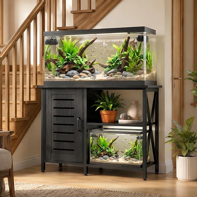 Herture 40-50 Gallon Fish Tank Stand, Aquarium Stand with Cabinet Accessories Storage, Heavy Duty Metal Frame, 40.55" L*18.89" W Tabletop, 850LBS Capacity, Black PG02YGB