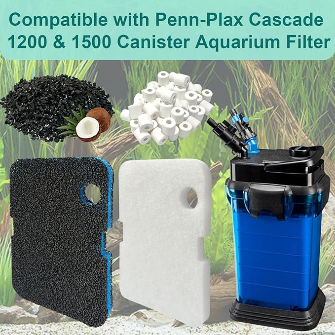 18 Pack Filter Media Compatible with Penn-Plax Cascade 1200 & 1500 CCF4UL/CCF5UL Canister Aquarium Filters, Includes Bio-Sponge Filters, White Floss Pads, Activated Carbons, Ceramic Rings & MeshBags