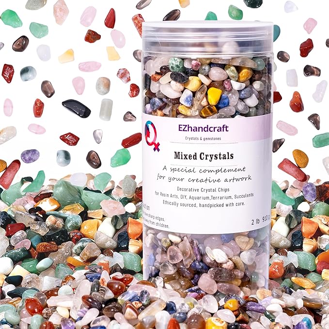 Crystal Chips Bulk, Tumbled Gemstone Chips Bulk 2lb, Poshlished Healing Crystals, for DIY Projects,Vase Filler, Succulent Soil, Potting Mix, Garden Decor, Aquarium & Fish Tank Gravel (Mixed，2 Pounds)