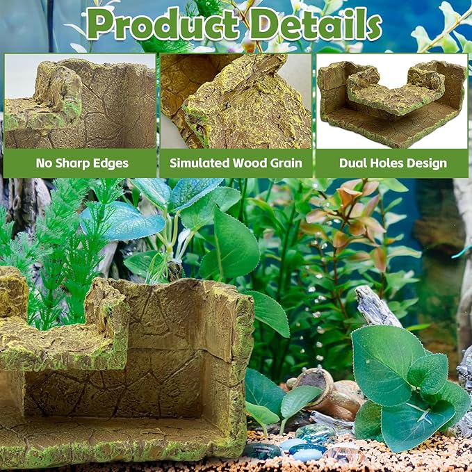 kathson Aquarium Hideaway Cave Underground Tunnel Hideout Wood-Like Fish Tank Cave for Corners View Fish in Aquarium Decoration with 2PCS Plastic Aquatic Plants for Betta Shrimp Guppy Hide