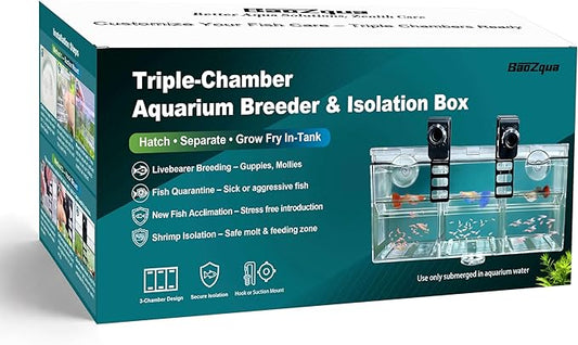Triple-Chamber Aquarium Fish Breeder & Isolation Box, Transparent Hatching Incubator Tank with Suction Cups & Hook, Nursery for Livebearer Guppy Fry Breeding and Betta Fish, Shrimp Quarantine