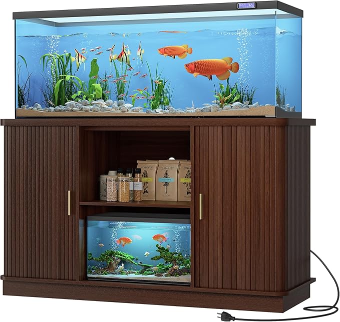 Fish Tank Stand, 75 Gallon Tank Stand with Sliding Cabinet Door, Heavy Duty Aquarium Stand with Power Outlet for Turtle Tank, Reptile Terrarium, 1000LBS Capacity (Walnut)