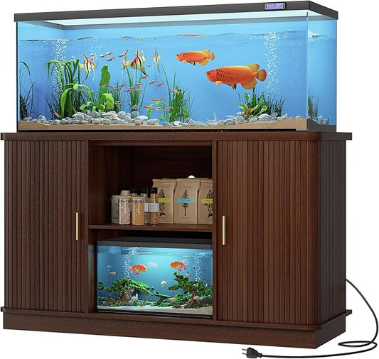 Fish Tank Stand, 75 Gallon Tank Stand with Sliding Cabinet Door, Heavy Duty Aquarium Stand with Power Outlet for Turtle Tank, Reptile Terrarium, 1000LBS Capacity (Walnut)