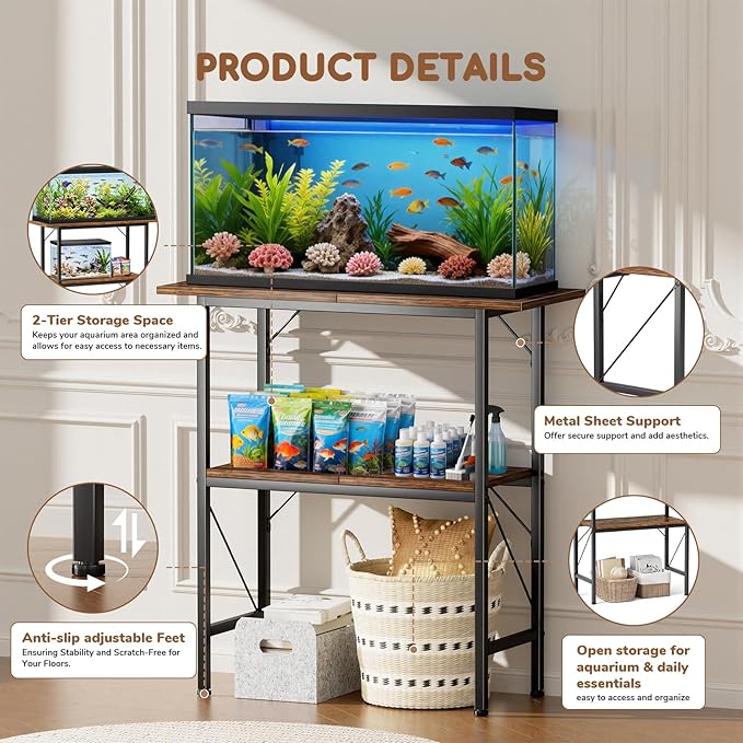 20-29-30 Gallon Fish Tank Stand with Storage Shelves, 2-Tier Aquarium Stand with Metal Frame, Heavy Duty Reptile Turtle Tank Stand for Home Office, 30" L x 11.8" W x 30.5" H, Rustic Brown