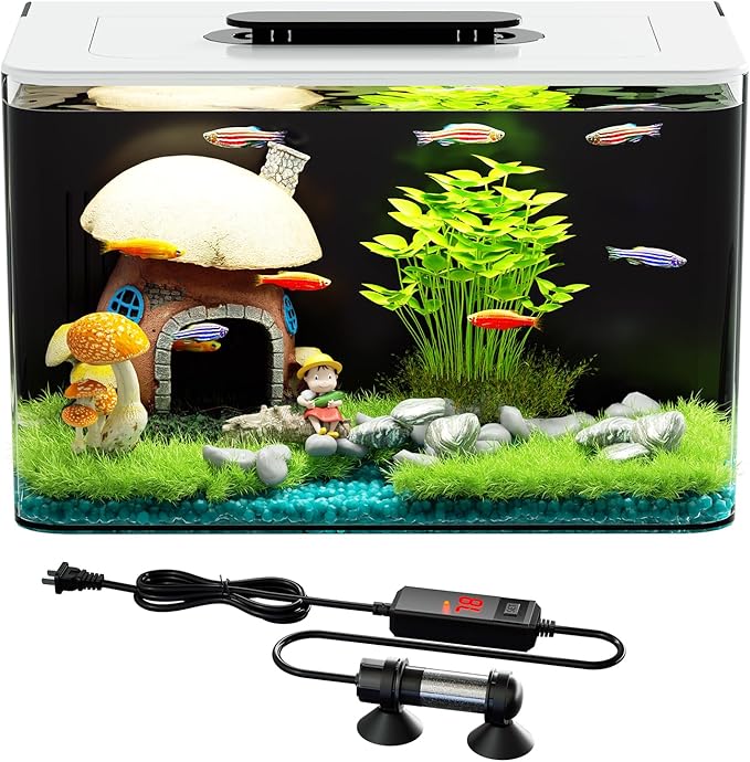 Betta Fish Tank Kit 2.5 Gallon Aquarium with Heater, Hidden Filtration, Light, Lid, Small Acrylic Tank for Beta, Shrimp, Guppy