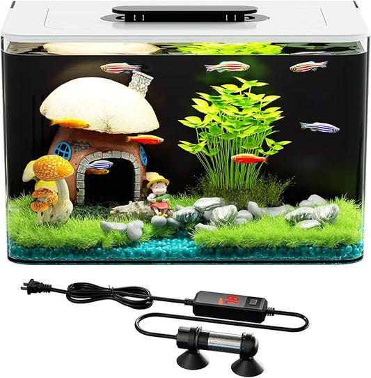 Betta Fish Tank Kit 2.5 Gallon Aquarium with Heater, Hidden Filtration, Light, Lid, Small Acrylic Tank for Beta, Shrimp, Guppy