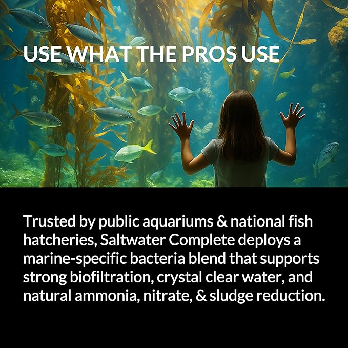 Saltwater Complete – Live Nitrifying Bacteria Blend for Saltwater & Reef Aquariums - Instant Cycle Marine Tank Starter - Removes Ammonia Nitrite - Clarifier - Safe for Fish Coral Invertebrates - 1Gal