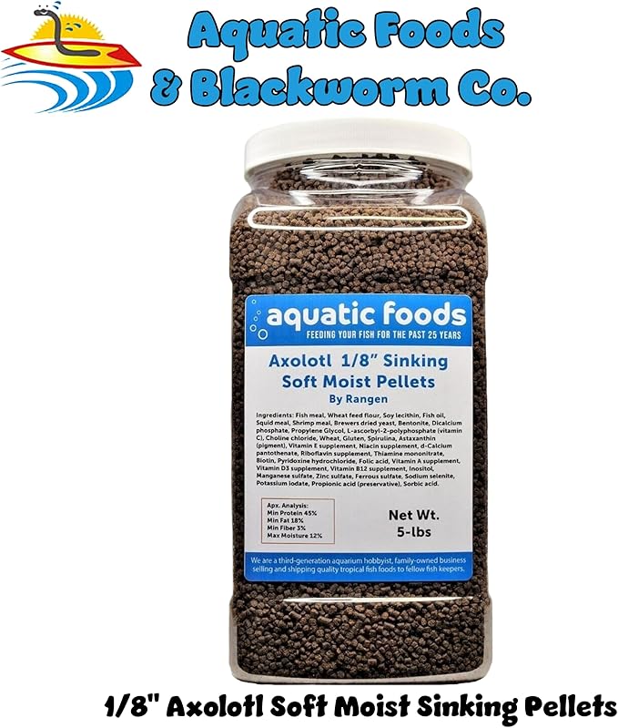 Axolotl Food 1/8" Soft Moist Sinking Salmon Pellets for Juvenile Axolotl Also Shrimp, Snails, Crabs, Crayfish, Bottom Tropical Fish...5-lb Lg Jar