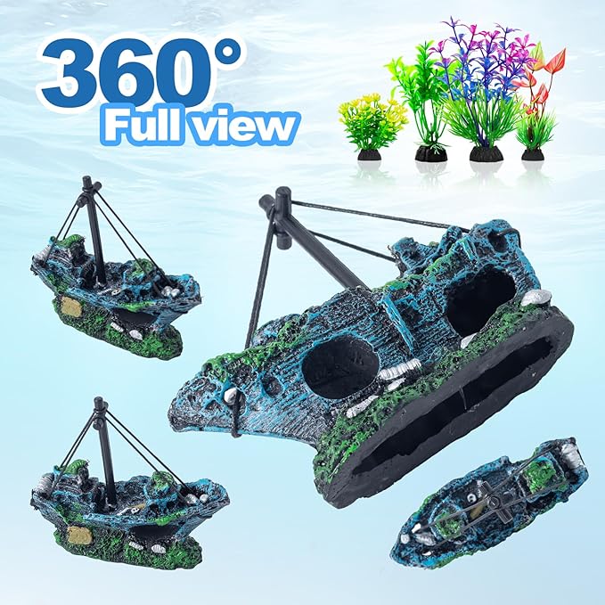 8Pcs Fish Tank Decorations Set Sunken Ship Decoration,Resin Material Fish Tank Accessories Accessories for Natural Look, Aquarium Shipwreck x 1pc, Aquatic Plants x 7pcs
