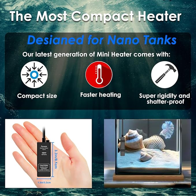 Aquarium Heater 100W Super Small Fish Tank Heater with Digital Display Thermostat, Alumina Ceramic Betta Tank Heater Turtle Heater for 10-20 Gallon Tanks
