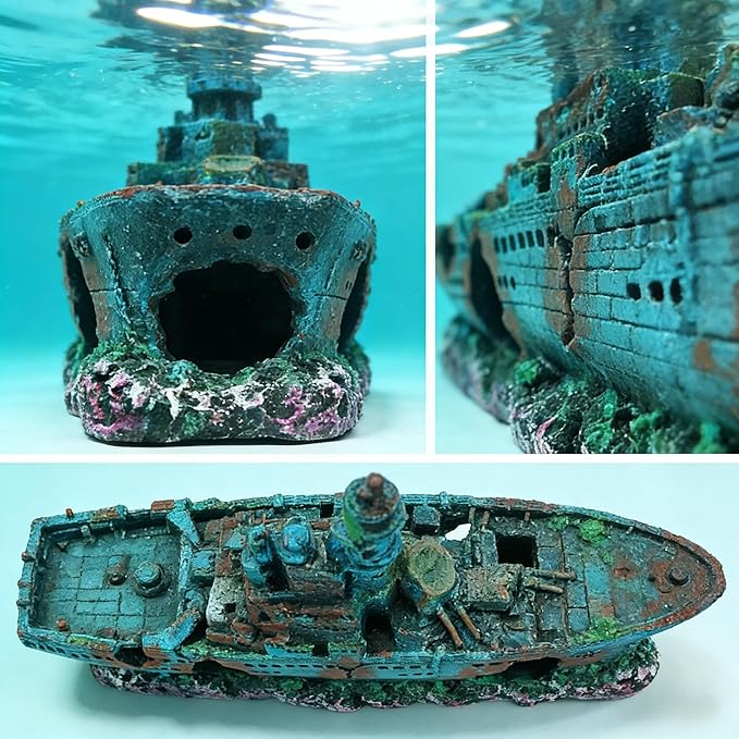 Eco-Friendly Resin Aquarium Shipwreck Decor, Realistic Sunken Ship Fish Tank Ornament, Safe Hideout & Landscaping Accessory for Betta Fish, Freshwater and Saltwater Aquariums