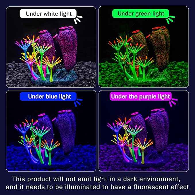 Dynamic Glow in The Dark Aquarium Decorations: Unleashing Visual Effects with Soft Silica Gel, Changing Lights, and Colorful Glowing Coral Ornaments (Dark Red, Seaweed Moon)