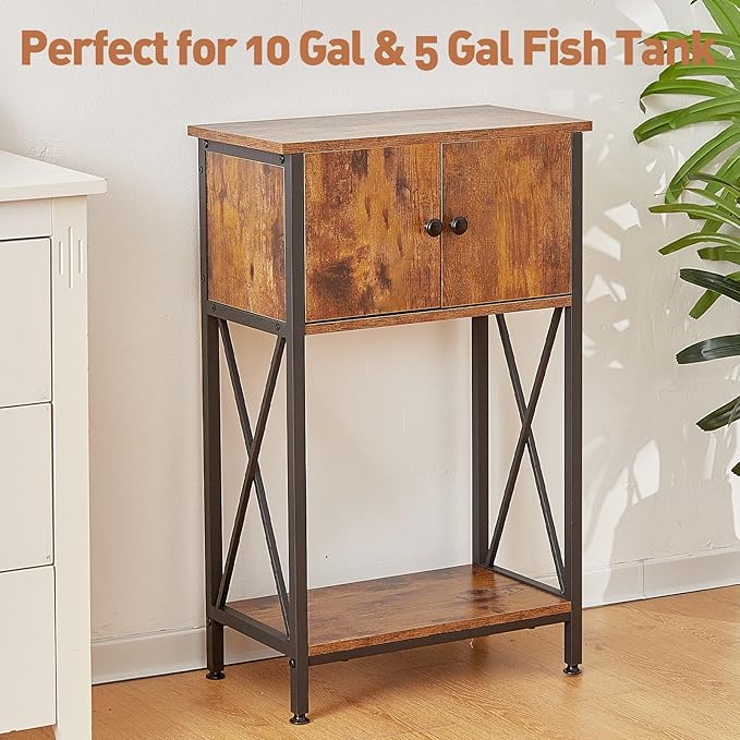 LAQUAL 10 Gallon Fish Tank Stand with Cabinet, Double Aquarium Stand for 10 & 5 Gallon Fish Tank, Heavy Metal Stand with Stable Structure, Adjustable Table Feet & Anti-tilt Device - Rustic Brown