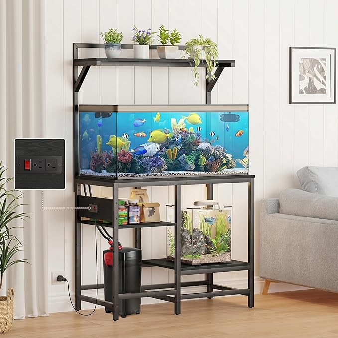 40 Gallon Fish Tank Stand, Aquarium Stand with Power Outlet, Heavy-Duty Reptile Terrarium Stand Table with Top Shelf and 4-Tier Adjustable Storage Shelves, 37.4" L x 19.7" W x 30" H(Black)