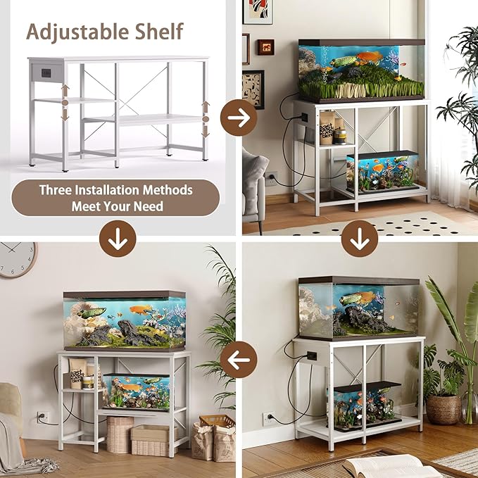 BEURUKU 40-50 Gallon Fish Tank Stand With Power Outlet & LED Light, Metal Aquarium Stand, 3 Tier Adjustable Storage Shelves for Reptile, Turtle, 36" L*18.5" W, White