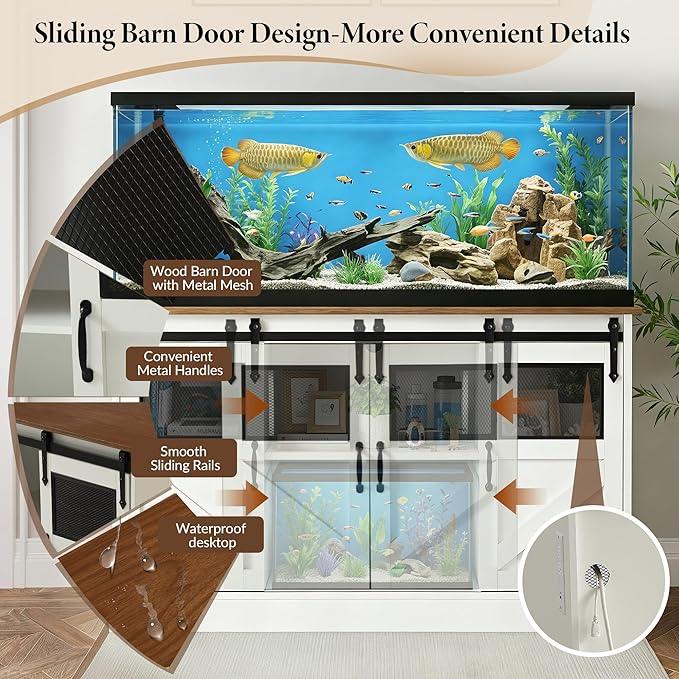 TITIMO 55-75 Gallon Fish Tank Stand with Power Outlet, Heavy Duty Large Aquarium Stand with Sliding Barn Door and Cabinet Storage for 2 Fish Tank Turtle Tank Reptile Terrarium, 1300LBS Capacity(White)