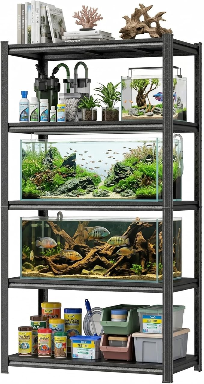 PRESTELION Aquarium Stand Fish Tank Stand 2000LBS Storage Shelves Heavy Duty Adjustable Metal Shelving Display Shelves Utility Shelf for Turtle Tank, Reptile Terrarium , 72" H×35.4" W×17.7" D, Black