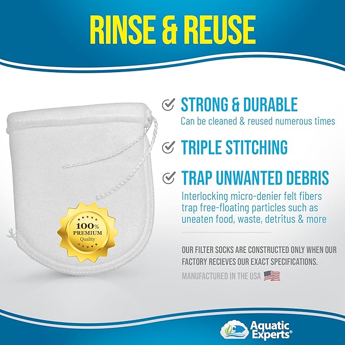 Aquatic Experts 200 Micron Drawstring Filter Socks – Ring-Free Design for Sumps, Saltwater & Freshwater Aquariums, Custom Made in USA (4" x 8", 8 Pack)