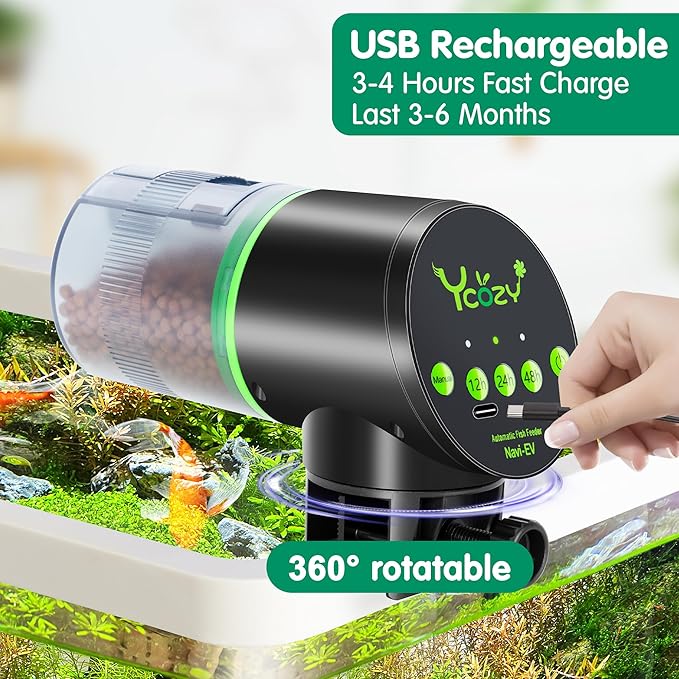 Automatic Fish Feeder with Type-C Cable Fish Feeder Automatic Dispenser for Vacation Small Tank/Betta/Turtle Upgraded Moisture-Proof Container (Rechargeable)