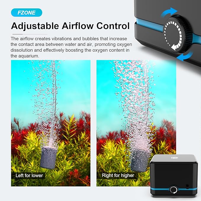 FZONE Aquarium Air Pump, Ultra Quiet Fish Tank Aerator Pump with Stainless Steel Dual Outlets, Adjustable Powerful Oxygen Pump with Air Stones for Freshwater and Saltwater Aquariums