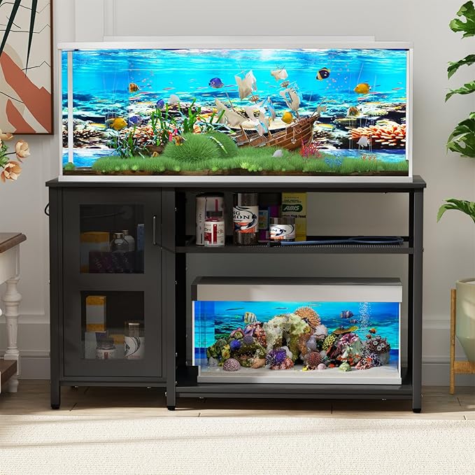 BEURUKU 55-75 Gallon Fish Tank Stand , Aquarium Stand with Cabinet & Power Outlets for Fish Tank Accessories Storage, Heavy Duty Metal Terrarium Stand, 52" L*19" W Tabletop, 1200LBS Capacity, Black