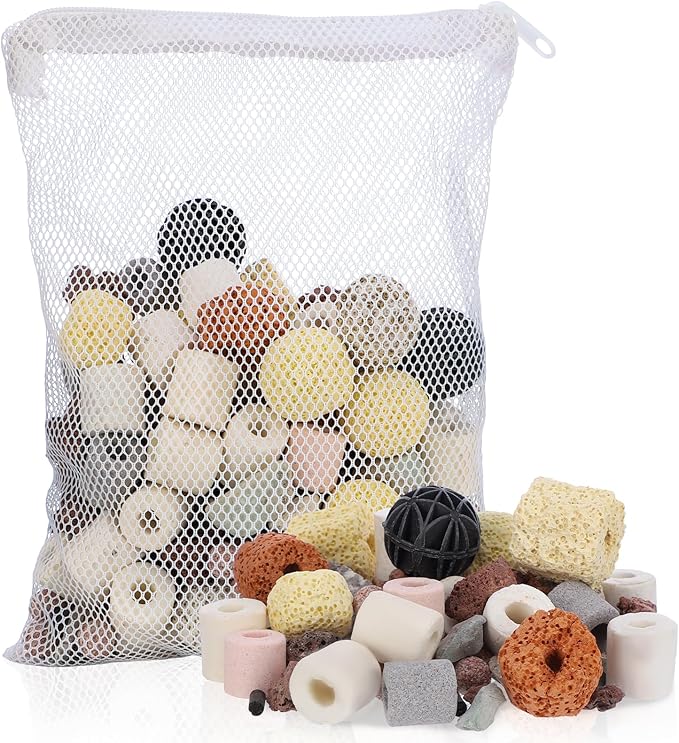 Segarty Filter Media,12 in 1 Bio Media for Aquarium Sump Filter Ceramic Rings Activated Carbon Bio Balls Freshwater Marine Biological Filter Media for Koi Fish Tank Pond Canister (1.1lb with Mesh Bag)