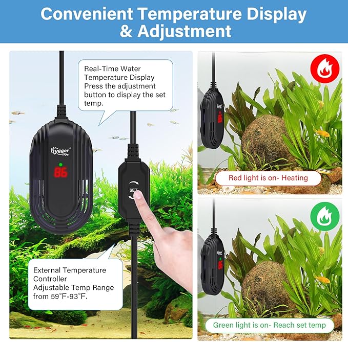 hygger Small Aquarium Heater, 25W Submersible Betta Fish Tank Heater with Adjustable Temperature External Controller, Turtle Heater with LED Display for up to 5 Gallon Tanks
