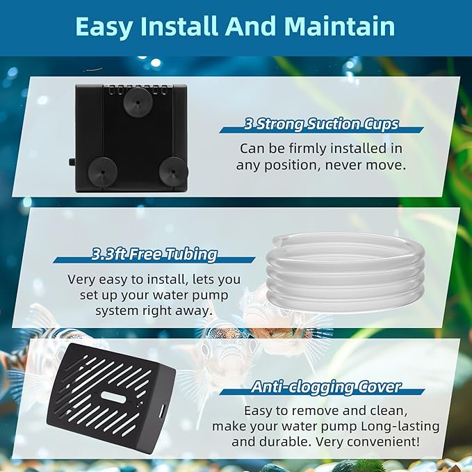 DaToo Mini Submersible Fountain Water Pump With LED Light 95GPH 5W Small Ultra Quiet Water Pump With Tubing For Aquarium Fish Tank Outdoor Pond Water Feature Fountain Statuary