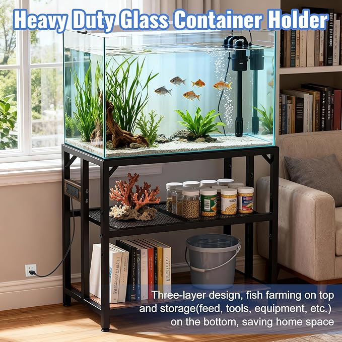 40 Gallon Fish Tank Stand with Power Outlets and Adjustable Shelf, 660LBS Capacity Metal Aquarium Stand for Turtle Tank, Reptile Terrarium and Breeder Tank, Suitable for Home Office, Rustic Brown