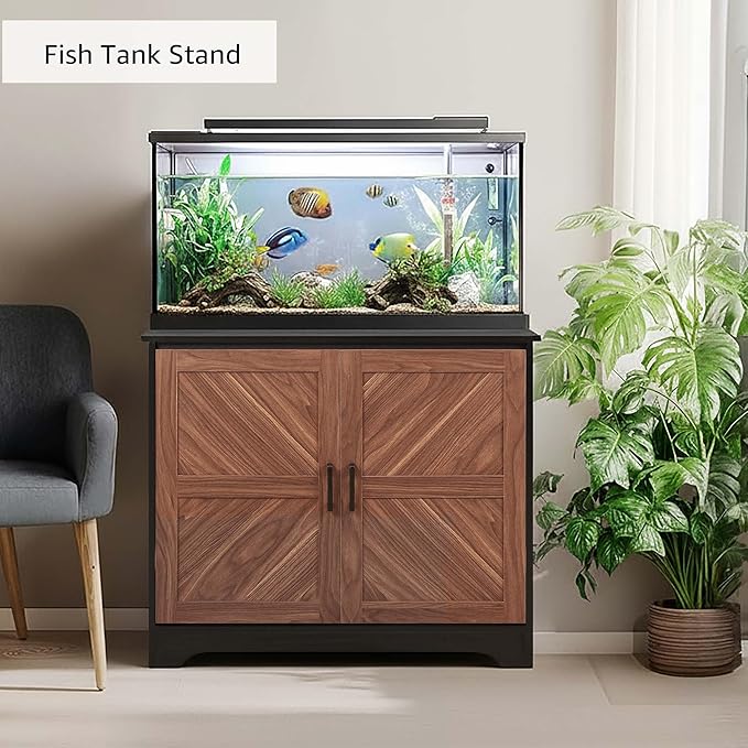 unipaws 20-40 gallon Fish Tank Stand , Aquarium Stand with Storage Cabinet, Wooden Tank Stand for Turtle Tank, Reptile Terrarium, Walnut and Black