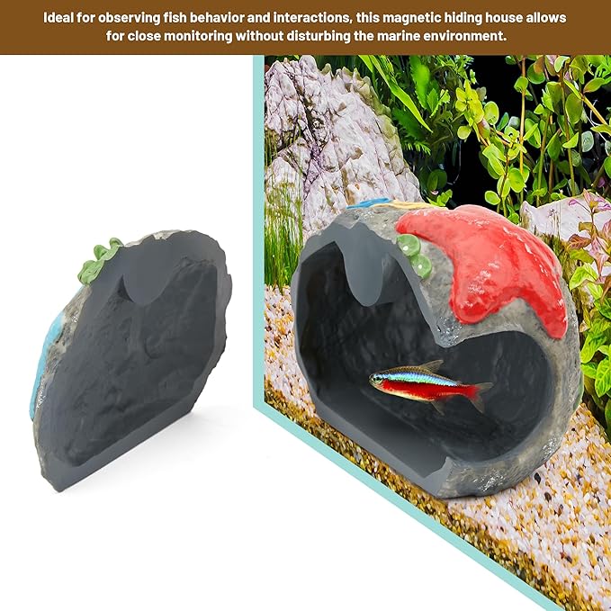 Upgraded Magnetic Detachable Aquarium Hideaway Coral Rock Cave to Check Your Aquatic Pets to Breed, Play and Rest Safe and Non-Toxic Resin Fish Tank Viewing Hideout Ornaments