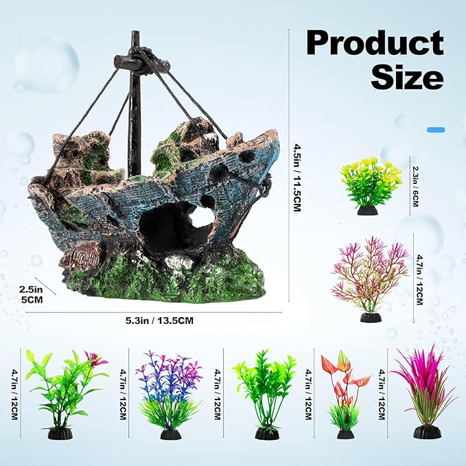 8Pcs Fish Tank Decorations Set Sunken Ship Decoration,Resin Material Fish Tank Accessories Accessories for Natural Look, Aquarium Shipwreck x 1pc, Aquatic Plants x 7pcs