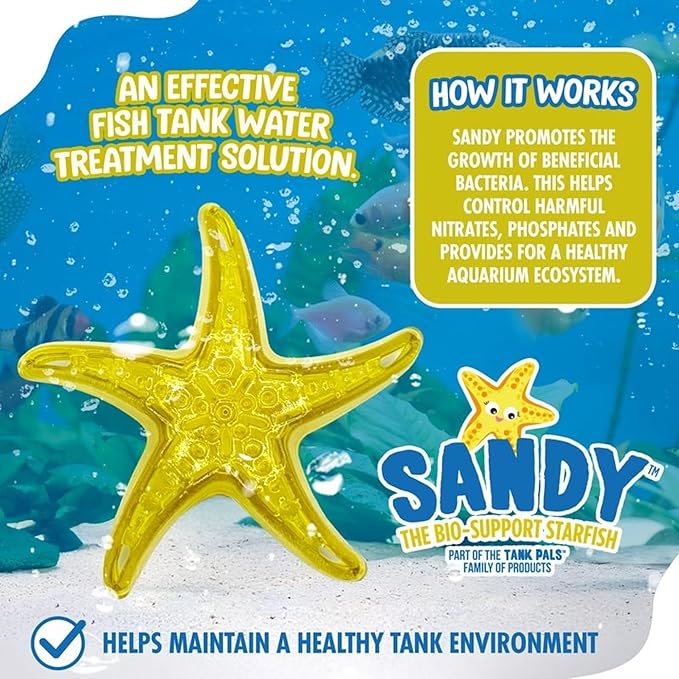 Sandy The Bio-Support Starfish - 2 Pack, Yellow- Promotes A Healthy Balanced Aquarium Ecosystem, Probiotic Growth, Tank Environment Control