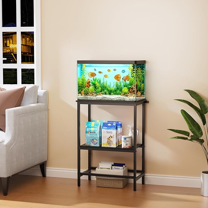 5-10 Gallon Fish Tank Stand, Aquarium Stand with 2-Tier Storage Shelves, Heavy-Duty Reptile Terrarium Stand Table with One-Piece Top for 10 Gallon Standard Model, 21.2" L x 11.8" W x 29.3" H (Black)