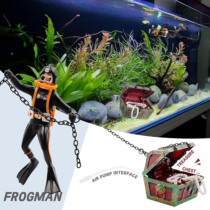 Action Aquarium Ornament, Undersea Treasure Chest Diver, Live-Action Aerating Fish Tank Decorations Resin