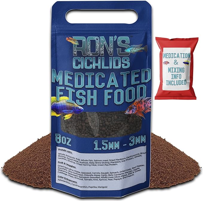 RON'S CICHLIDS Medicated African Cichlid Fish Food Pellets - USA Made Slow Sinking Cichlid Pellets - Treats Bloat, Ich, and More - Mbuna Cichlid Food Blend, 8 OZ