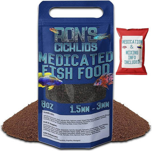 RON'S CICHLIDS Medicated African Cichlid Fish Food Pellets - USA Made Slow Sinking Cichlid Pellets - Treats Bloat, Ich, and More - Mbuna Cichlid Food Blend, 8 OZ
