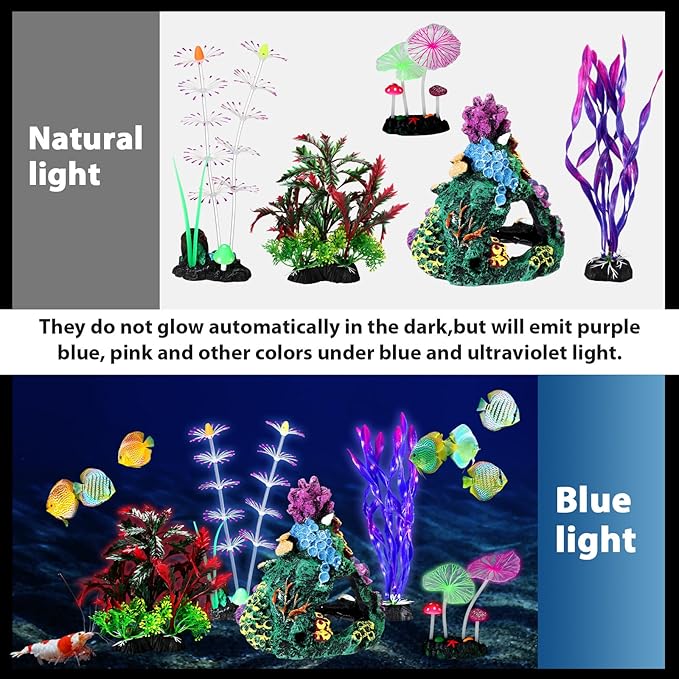 Halloscume 5 Pcs Fish Tank Decorations Glow in the Dark Betta Tank Decorations Fish Aquarium Accessories Ornaments Colorful Coral Reef Decor Set Include Coral Reef, Water Grass, Lotus Leaf and Kelp