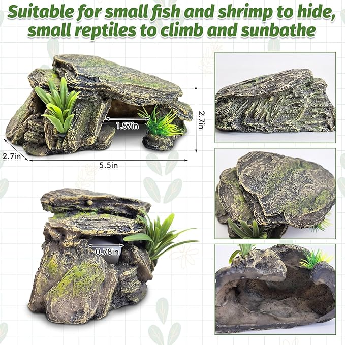 PINVNBY Small Fish Tank Decorations (Size: 5.5 x 2.9 x 2.9 inches), Resin Rock Aquarium Decorations Fish Cave or Reptile Hide to Rest Play Breed, Suitable for Small Betta Humid Gecko Tortoise