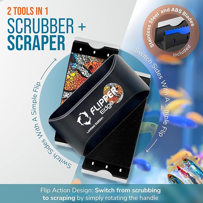 FLIPPER EDGE Standard Limited Edition Clownfish Magnetic 2-in-1 Aquarium Cleaner for Glass and Acrylic Tanks up to 1/2" (12mm) Thick – Dual Blade Design with Floating Algae Scraper and Cleaning Tool